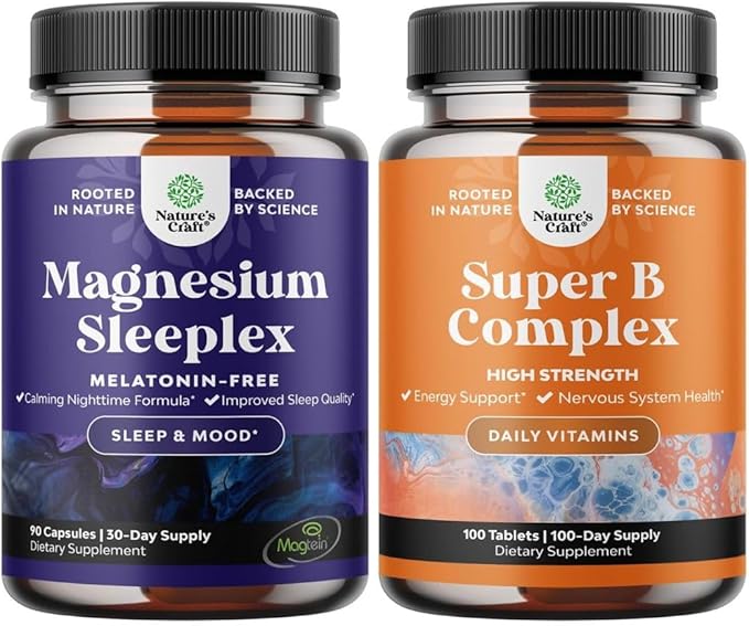 Bundle of High Absorption Magnesium Sleep Supplement - Rest Support Magtein Magnesium L-Threonate &amp Apigenin Theanine and Super Vitamin B Complex with Thiamin Riboflavin Niacin 6 12 and Folate