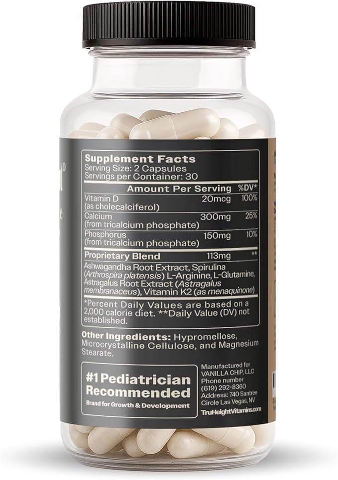 TruHeight Growth Capsules - Tall Nutrition for Natural Growth Supplement for Kids &amp Teens - Pediatric Vitamin D K Calcium &amp Ashwagandha - Kids Vitamins D3 K2 Pills Taller Ages 5+ (Pack of 2