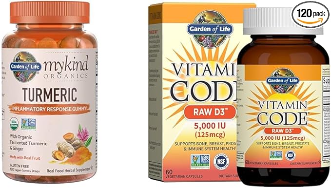 Garden of Life Organics Turmeric Inflammatory Response Gummy - 120 Real Fruit Gummies &amp Vitamin D Vitamin Code Raw D3 Vitamin D 5000 IU Raw Whole Food Vitamin D Supplement