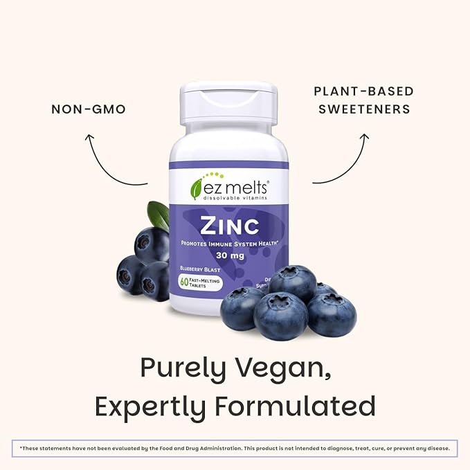 EZ Melts Zinc - Supplement for Immune Digestive &amp Skin Health Support - Non-GMO Vegan &amp Gluten-Free - Blueberry Blast - 60 Dissolvable Tablets (60 Servings)