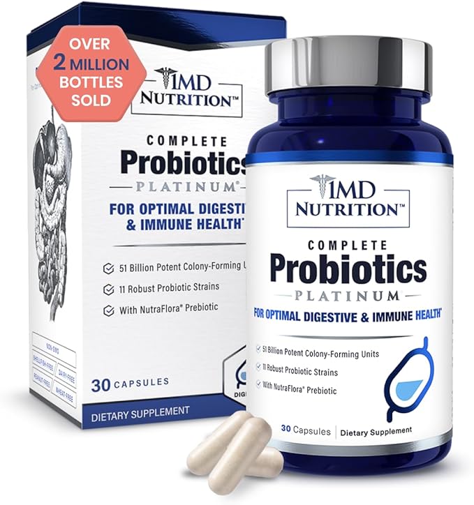 1MD Nutrition Complete Probiotics Platinum - w/Prebiotics and Probiotics for Digestive Health - Probiotic Supplement for Women &amp Men - More Than 50 Billion Live CFU 11 Strains Dairy-Free - 30 Caps