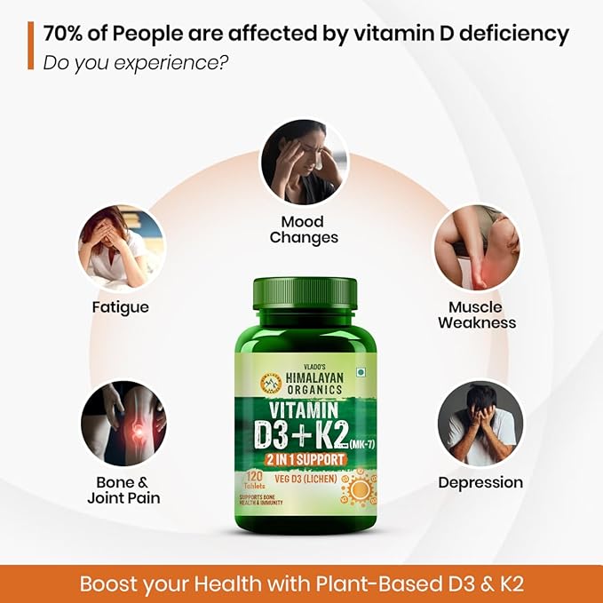 Himalayan Organics Vitamin D3 with K2 As MK7 Supplement- 120 Veg Tablets