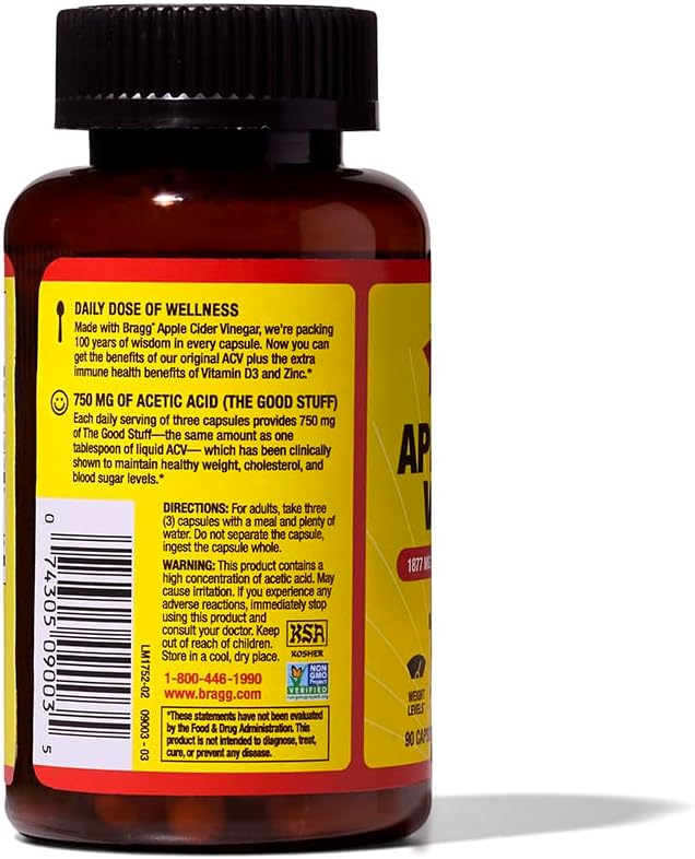 Bragg Organic Apple Cider Vinegar Capsules with Vitamin D and Zinc - (3 Pack) 90 Count - Supports Immune System