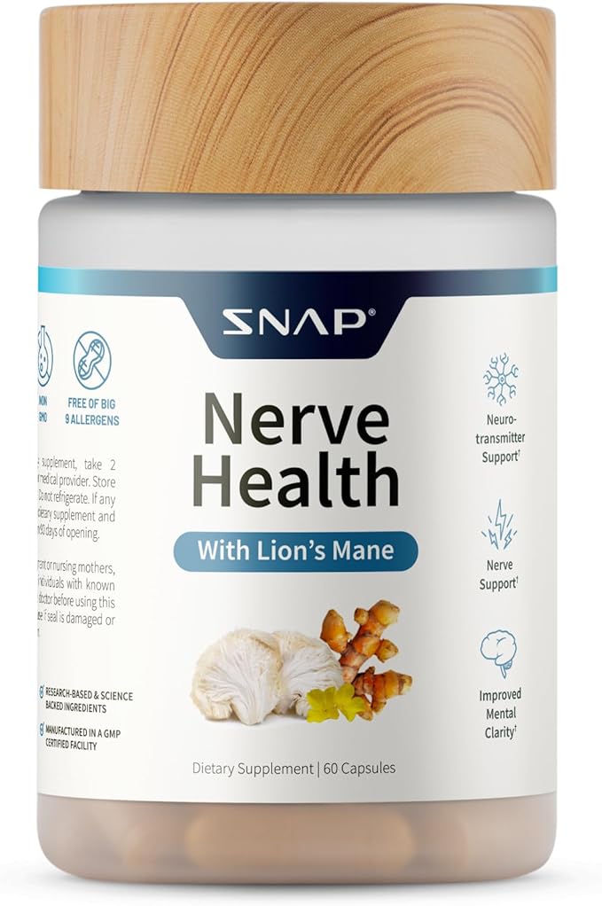 Snap Supplements Nerve Health Support with Lion’s Mane Organic Turmeric &amp Herbs – Supports Mental Clarity Memory Focus &amp Nerve Function – 60 Capsules