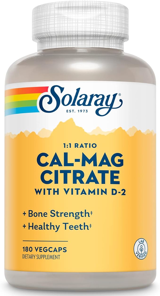 SOLARAY Calcium Magnesium Citrate 1:1 Ratio w/Vitamin D 2 - Calcium Supplements for Women and Men - Calcium 1000mg Magnesium 1000mg - Bone Health Support - 60-Day Guarantee 30 Servings 180 VegCaps