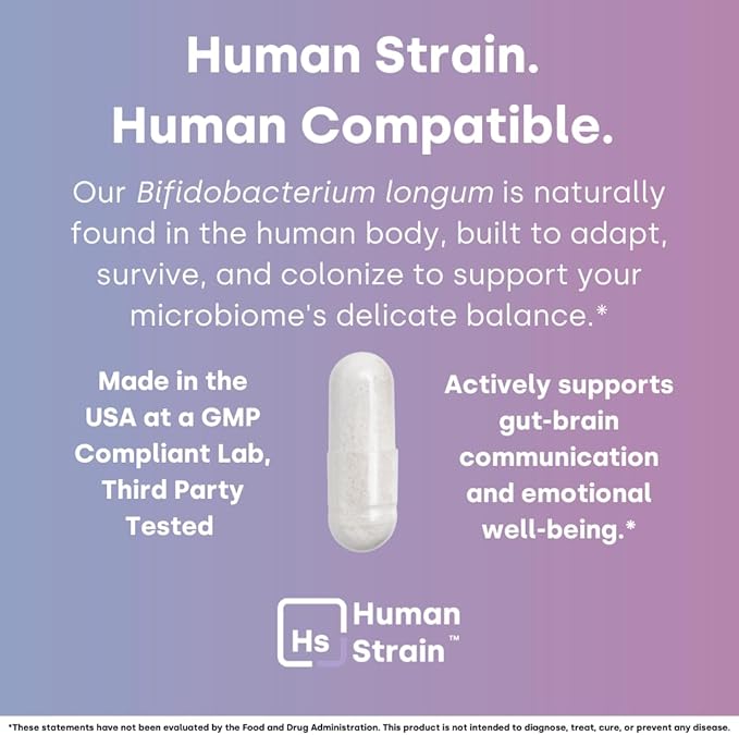Human Strain Bifidobacterium Longum Probiotic | Gut-Brain Axis Support for Stress Resilience Mood Balance &amp Sleep | Clinically Studied Synbiotic | 30ct (30 Day Supply)