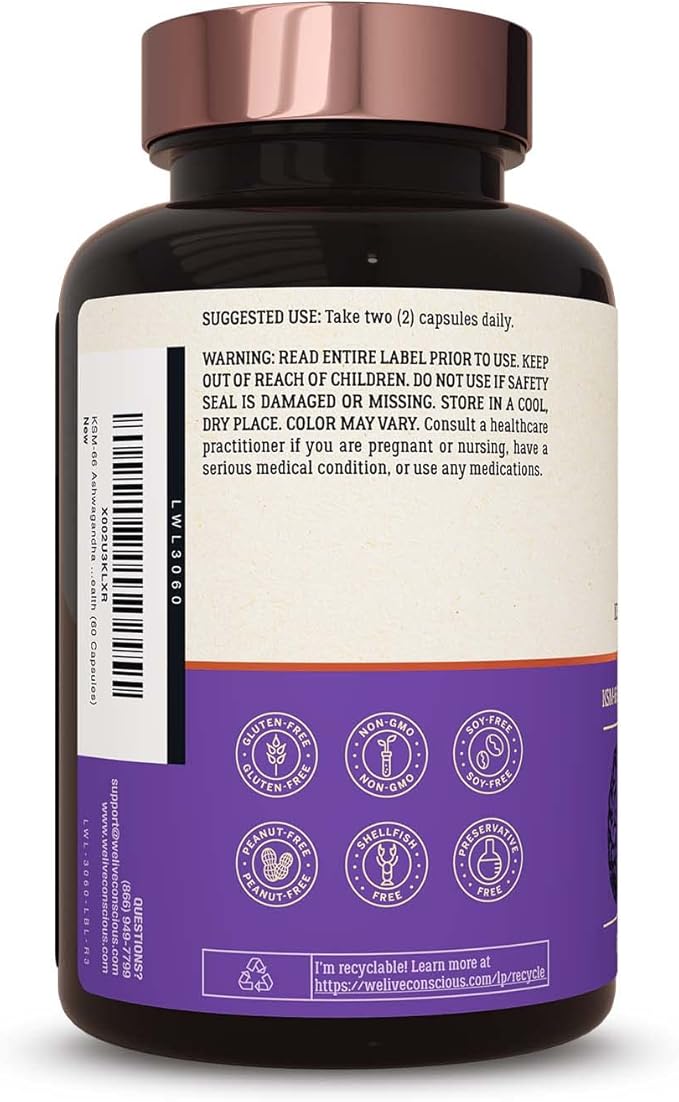 Live Conscious KSM-66 Ashwagandha Supplement w/L Theanine &amp AlphaWave - ZenWell Everyday Stress Relief Cognitive Brain Health - Ashwagandha for Men &amp Women - 60 Capsules (2-Pack)