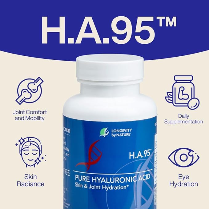 Longevity by Nature H.A.95 Hyaluronic Acid Supplements Antioxidant Skin Hydration Eye Joint Natural Rooster Comb 60 Capsules