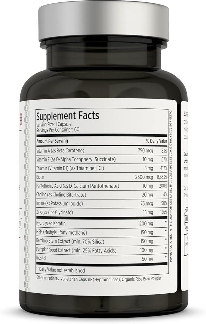 LES Labs Hair Health – Hair Growth &amp Nails Supplement Improved Thickness Strength &amp Fullness – Keratin Biotin Pumpkin Seed &amp MSM – 60 Capsules