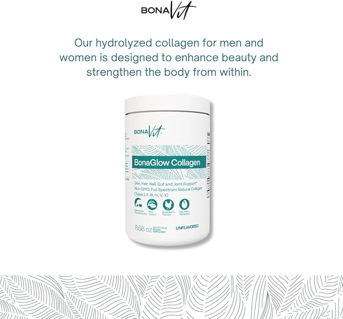 Multi Collagen Peptides - Types I II III IV V &amp X - Premium Hydrolyzed Collagen Powder for Women &amp Men - with Vitamin C Digestive Enzymes &amp Probiotics - 24 servings - BonaGlow Unflavo