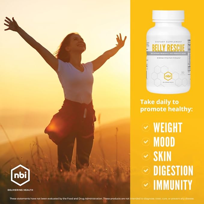 NBI Belly Rescue: Probiotics &amp Prebiotics Blend for Women &amp Men Once Daily for Digestive Skin and Immune Health Shelf Stable