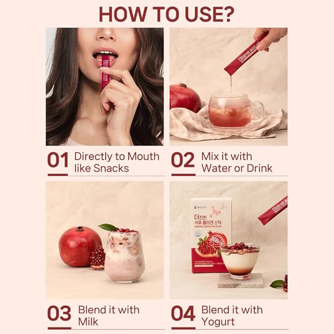 BOTO Pomegranate Concentrate with Collagen 15g - Korean Beauty Collagen Jelly Stick Low Molecular Fish Collagen Pomegranate Flavored - Packs of 30