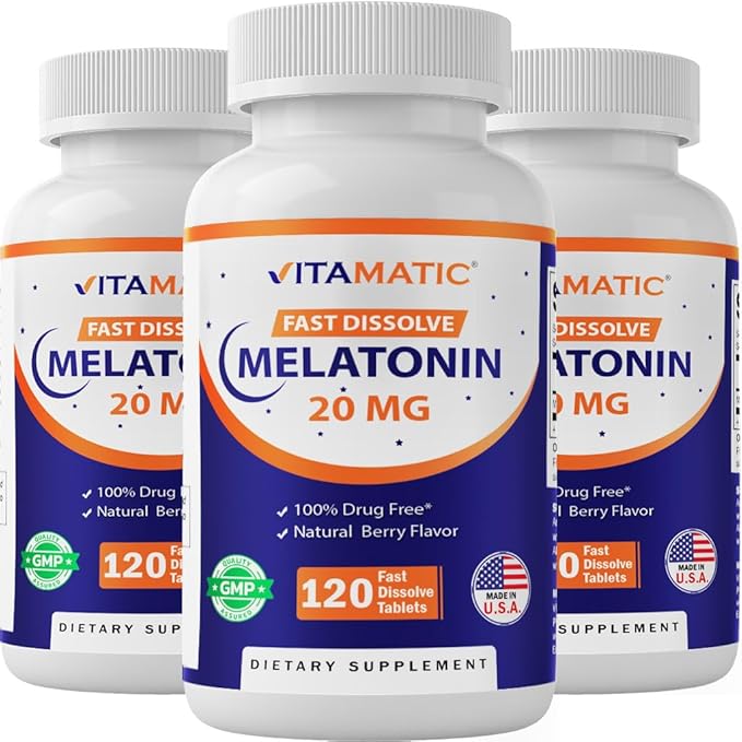 Vitamatic Melatonin 20 mg Tablets | Vegetarian Non-GMO Gluten Free | HIGH Potency 20 MG | Natural Berry Flavor (1/2 Tablets = Melatonin 10 mg) (120 Count (Pack of 3))