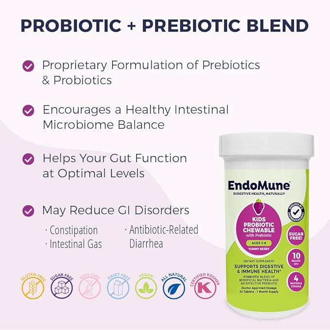 Endomune Jr Advanced Kids Probiotic and Prebiotic Chewables -10 Billion CFUs - 4 Strains Bacteria and FOS Prebiotic - Physician Formulated - 30 Chewable Tablets