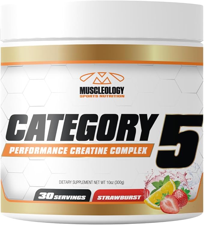 Muscleology Category5 Stim-Free Pre-Workout – Creatine Beta-Alanine &amp Magnesium Performance Formula – Electrolytes for Strength Power &amp Endurance – No Caffeine – Strawburst Flavor