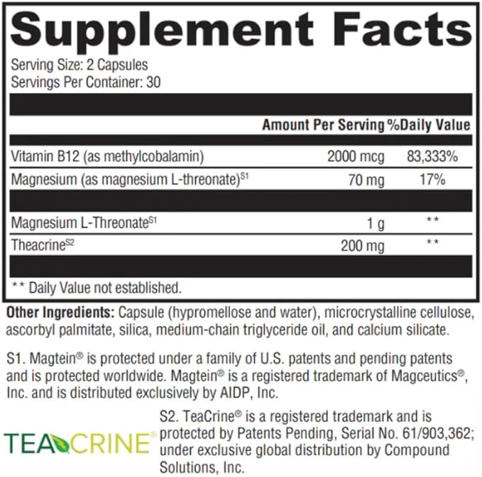 Brain Mag Plus - Magnesium L-Threonate Methylcobalamin &amp Theacrine for Clear Focus Mental Energy &amp Motivation | Non-Habit Forming Stimulant-Free | 60 Capsules