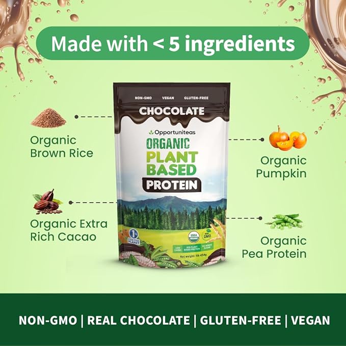 Opportuniteas Organic Plant Based Protein Powder 20g Vegan Protein from Pea Pumpkin and Rice No Sugar Non-GMO Gluten-Free Creamy Chocolate 1 lb