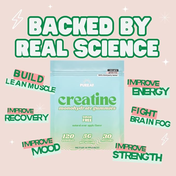 Creatine Gummies for Women – Sugar Free | Sour Green Apple – 120 Creatine Monohydrate Gummies | Lean Muscle Glute Growth Strength &amp Cognitive Boost