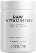 Codeage Raw Vitamin D3+ High Potency 5000 IU Supplement from Saccharomyces Cerevisiae - Raw Vitamin Probiotics Digestive Enzymes Fruits &amp Greens - 2-Month Supply - 60 Capsules