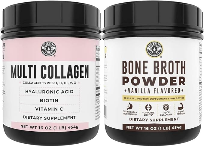 Left Coast Performance Vanilla Bone Broth and Multi Collagen Powder for Joint Hair Skin and Nails Support
