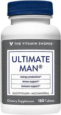 The Vitamin Shoppe Brand Ultimate Man Multivitamin Daily Men’s Multivitamin with Key Vitamins &amp Minerals Supports Energy and Overall Wellness for Men Gluten Free Soy &amp Dairy Free 180 Tabl