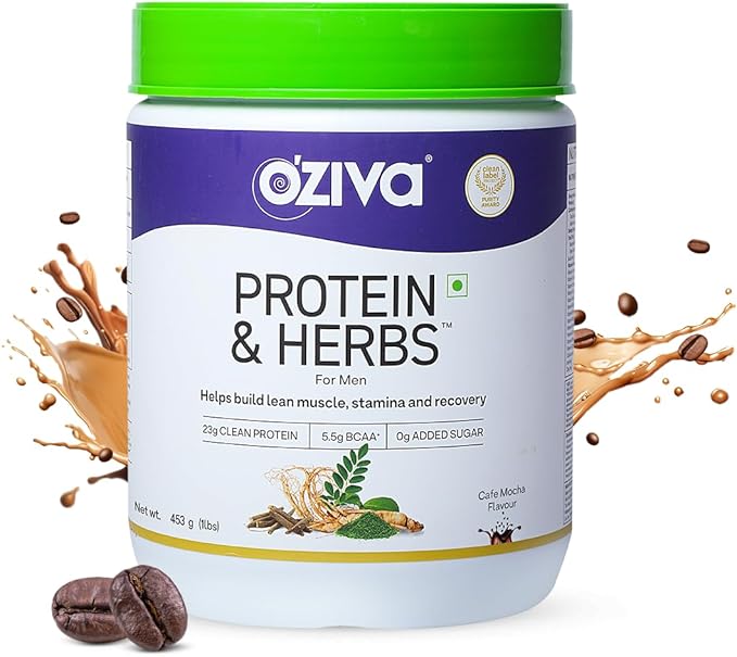 OZiva Protein &amp Herbs Men with MultivitaminsAshwagandhaBrahmiMaca Musli for Improved Stamina Lean Muscles &amp Recovery 1.1 lbs Cafe Mocha. Soy Free Gluten Free Non GMO