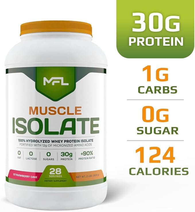 MFL 100% Pure Isolate Protein 2 lbs l 30g of Protein l 12g Amino Acids l Keto Friendly l Low Carbs | 28 Servings (Strawberry Cake)