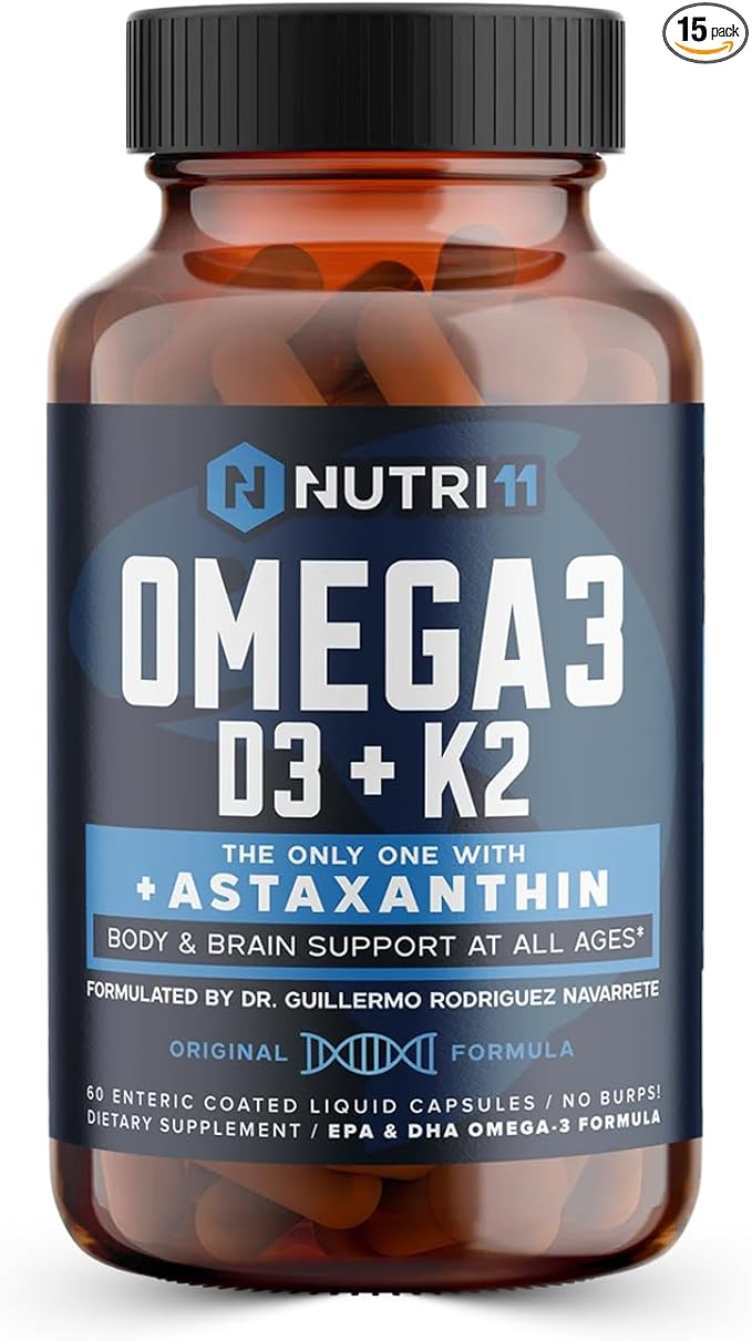 Nutri11 Omega-3 Fish Oil with Vitamin D3 K2 &amp Astaxanthin – Enteric Coated No Fishy Burps – Doctor Formulated – 60 Liquid Capsules
