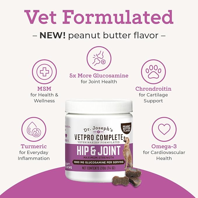 Dr. Joseph's VetPro Complete Dog Hip &amp Joint Supplement for Arthritis Pain Relief – High-Strength Glucosamine &amp Chondroitin Chews for Senior Dogs – Vet Formulated Peanut Butter Flavor 60 Ct