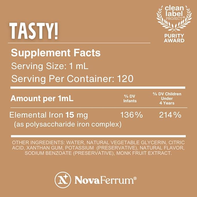 NovaFerrum Tasty | Pediatric Drops Liquid Iron Supplement for Infants Toddlers &amp Kids | 15mg of Iron Per 1mL Dose | Ages 4 &amp Under | Gluten Free | Sugar Free | Chocolate Flavored | 120 Servin