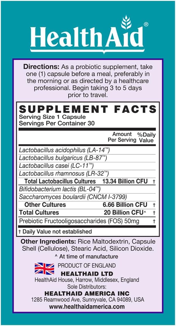 HealthAid TravelProbio 20 Billion CFU Probiotic – Saccharomyces boulardii + Prebiotic (FOS) Acid &amp Bile‑Resistant – Once‑Daily Vegan Gluten‑Free Room‑Temp Stable – Travel Digestive Support