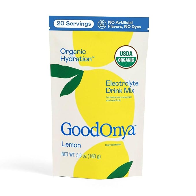 GOODONYA Organic Hydration Electrolyte Drink Mix Certified Organic Hydration Powder Non-GMO Biochecked Glyphosate Free Low Sugar Lemonade Flavor No Artificial Flavors 20 Servings
