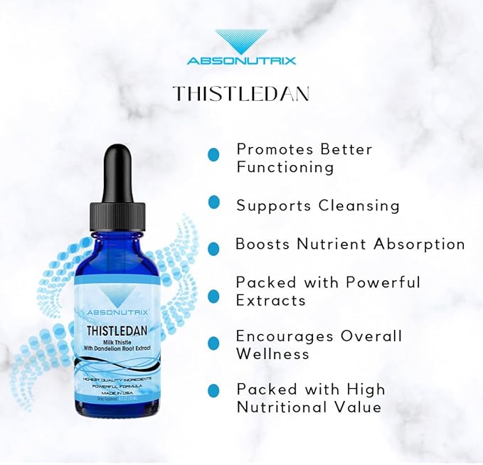 Absonutrix Thistledan 390 mg 4 FL OZ Liquid 302 Servings Made in USA Plant-Based Ingredients Artichoke Leaf Burdock Root Dandelion Root Milk Thistle Gluten-Free Non-GMO GMP Certified