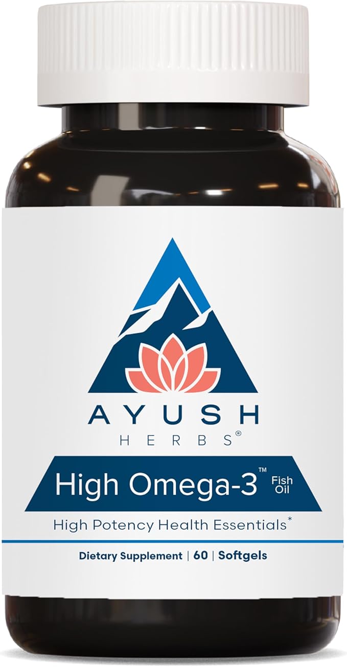 Ayush Herbs High Omega 3 - Omega 3 Fish Oil 1000mg Per Capsule EPA &amp DHA Fish Oil Supplement for Women &amp Men Natural Lemon Flavor - 60 Softgel Capsules (1 Count)