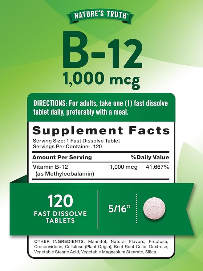 Nature's Truth Vitamin B-12 1000 Mcg Methylcobalamin Fast Dissolve Tabs Natural Berry Flavor 120 Count (Pack of 3)