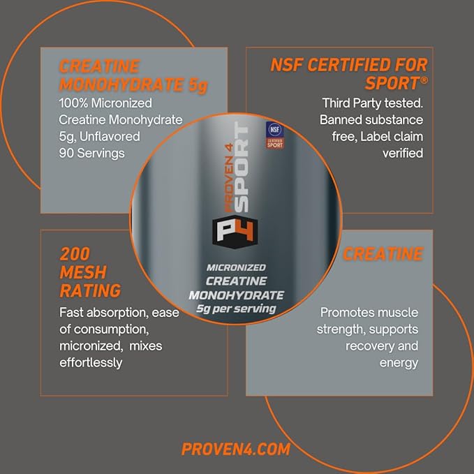 Proven4 Creatine Monohydrate – NSF Certified for Sport® – 5g Micronized Powder for Muscle Strength &amp Brain Energy Performance &amp Recovery from Exercise – Unflavored 16 Oz– 90 Servings