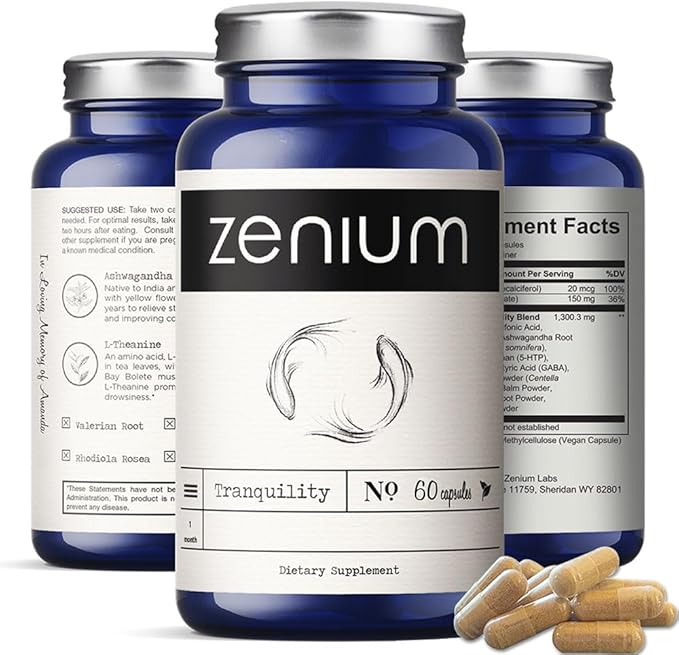 Zenium - Relieve Stress Tension Worry Nervousness &amp Irritability | Calm The Mind &amp Body | Ayurvedic | Natural Relief Supplement | Boosts Mood | Ashwagandha L-Theanine GABA Rhodiola |60