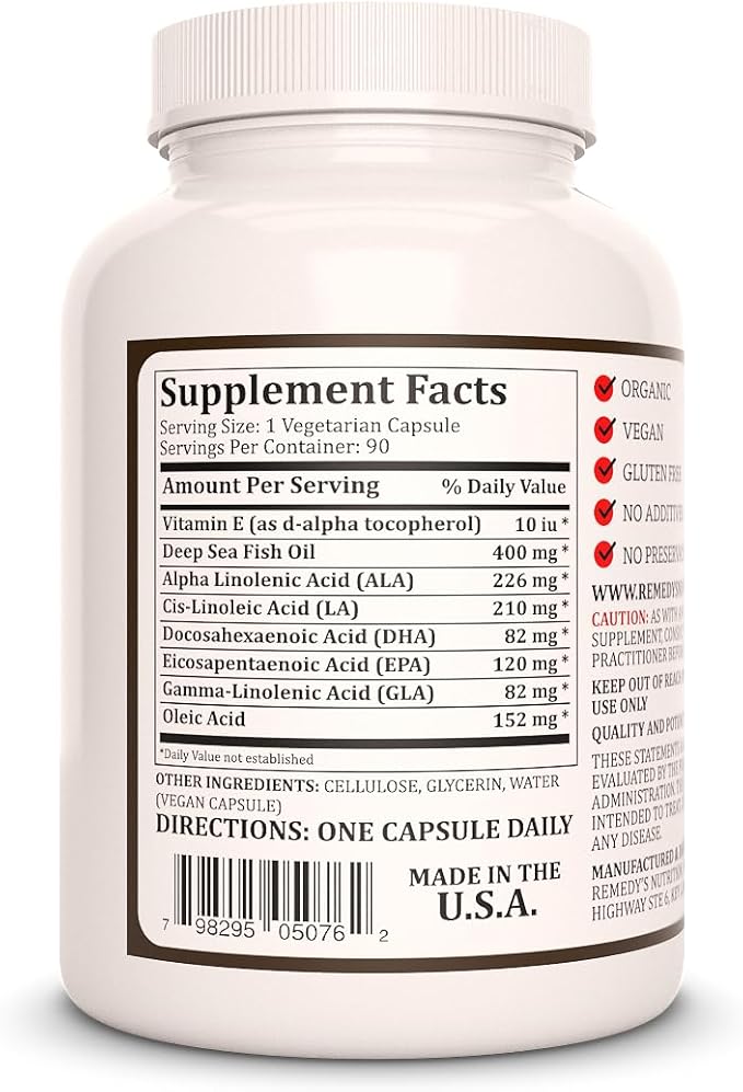 Remedy's nutrition Ultimate Omega-3 Fish Oil | 1000 mg 90 Softgels Dietary Supplement | 3 Month Supply | EPA DHA GLA ALA &amp LA Fatty Acids