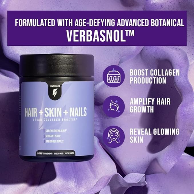 InnoSupps Hair + Skin + Nails Supplement | Vegan Collagen Booster | Biotin B12 Horsetail Herb Powder | Stimulate Hair Growth Revitalize Skin Strengthen Nails | 60 Capsules