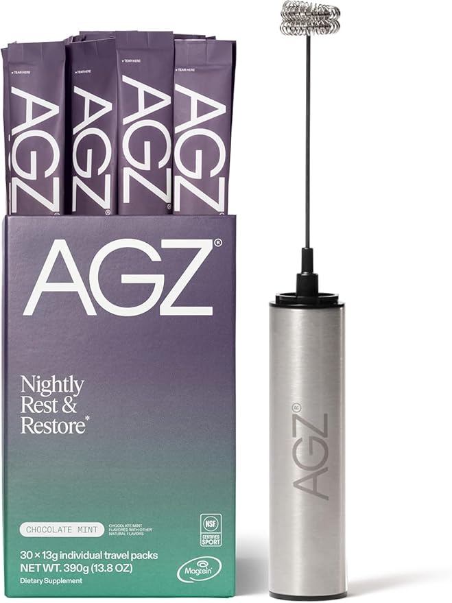 AG1 AGZ Sleep Drink – 30-Count Calming Sleep Aid Powder + Frother Melatonin-Free Nighttime Blend with Magnesium Ashwagandha Saffron &amp Valerian – Herbal &amp Adaptogen Drink Mix (Chocolate Mint