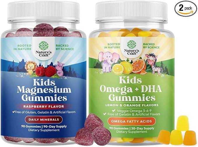 Bundle of Kids Calm Magnesium - Gummies for Nerve Bone and Muscle Health and Kids DHA - Omega 3 Gummies with Vegetarian Omega 3 6 9 for Vision Brain &amp Immunity - 90 Count