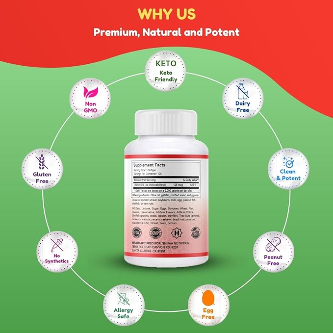SHIFAA NUTRITION Halal Vitamin D Halal Vitamin D3 5000 IU Softgels 120 Servings. Non-GMO Gluten-Free Supports: Structure Bones Teeth Heart Muscle &amp Immune Functions