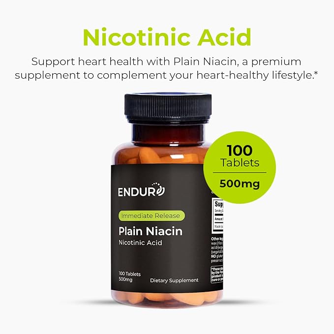 Endur Plain Niacin (Nicotinic Acid) Heart Health &amp Healthy Cholesterol Balance Supplement Immediate-Release Formula Gluten Free 500mg (100 Tablets)