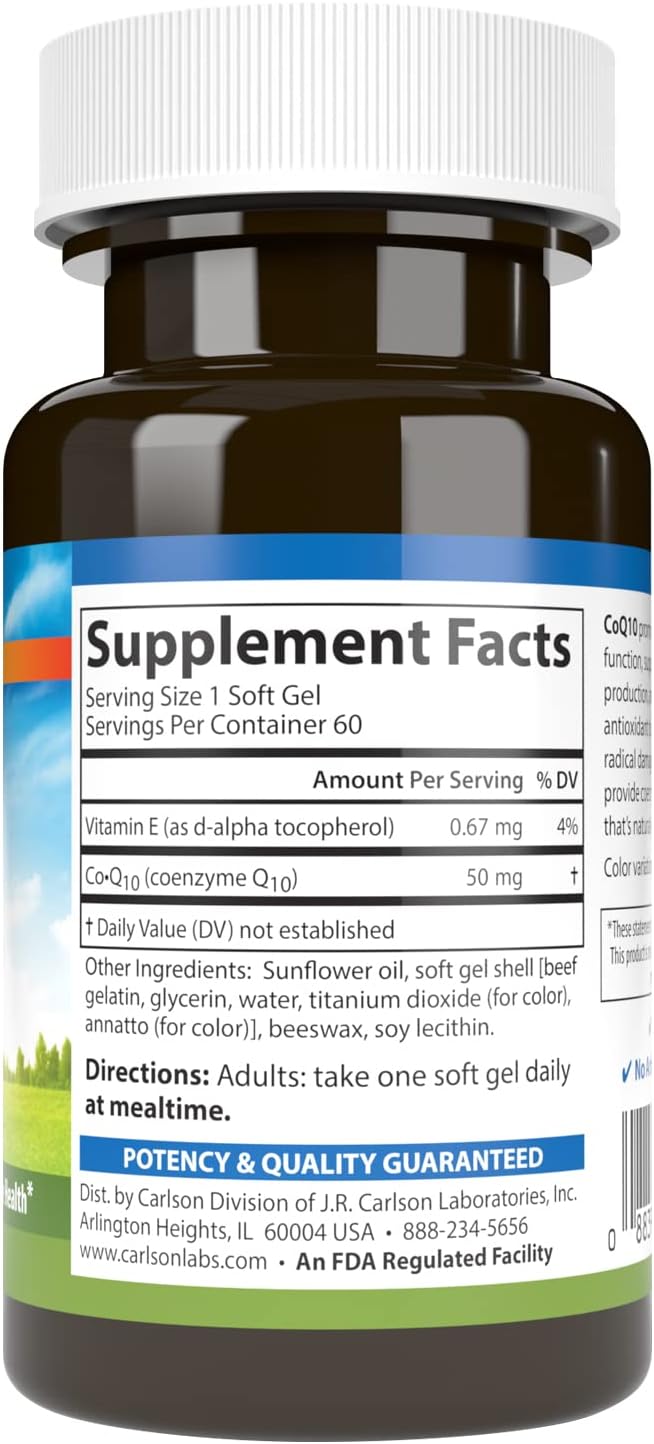 Carlson - Co-Q10 Co-Enzyme Q10 50 mg Energy Production &amp Heart Function 60 Softgels