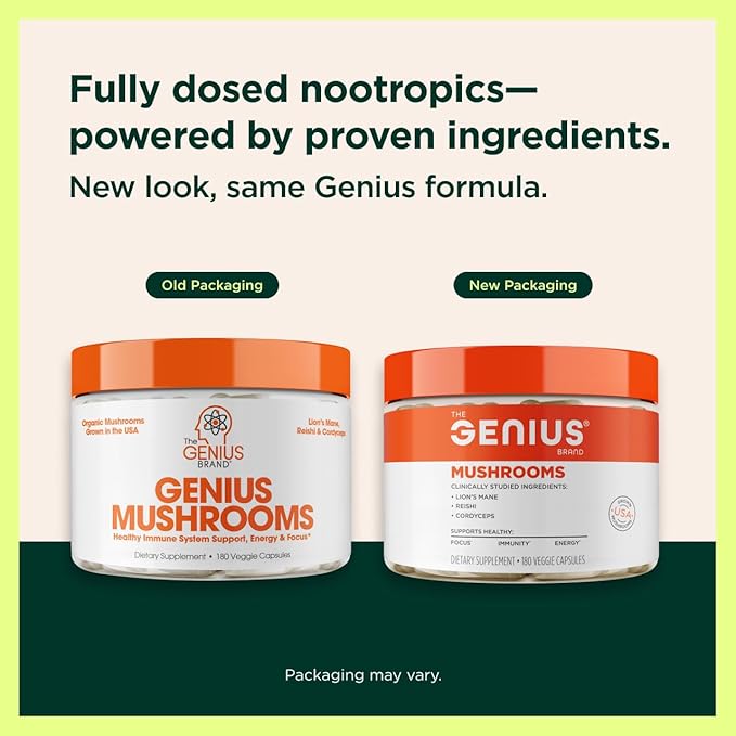 Genius Mushroom Supplement - Full-Spectrum Lion’s Mane Cordyceps Reishi -Daily Brain Nootropic for Energy Focus Memory &amp Overall Wellness - 180 Capsules – Organic for Mental Clarity &amp Perf