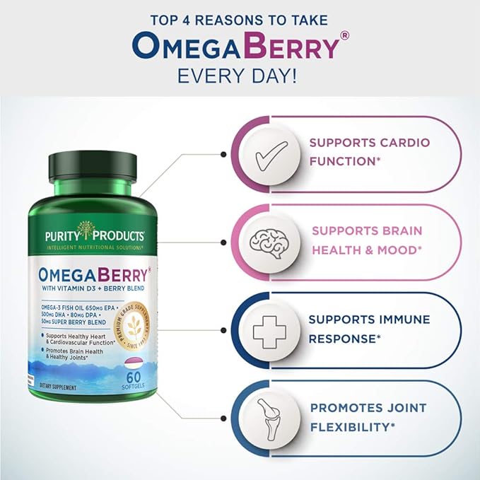 Purity Products OmegaBerry Fish Oil with Vitamin D3 and Organic Acai - 1250mg Concentrated Molecularly Distilled Ultra Pure Omega-3 Fish Oil 500mg DHA + 650mg EPA - 60 Soft Gels - 30 Day Supply from