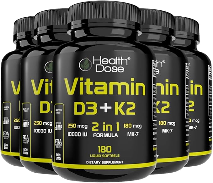 Health Dose Vitamin D3 10000 IU + K2 (MK7) Supplement 2-in-1 Formula Immune Support a Healthy Mood Heart Joint Teeth Bone Health Calcium Absorption 180 softgels. (5)