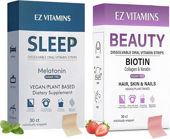 Oral Strips Bundle – Hair Growth Glowing Skin &amp Strong Nails + Sleep Strips with 5mg Melatonin – Fast-Acting Sugar-Free Vegan Dissolvable – 60 Total