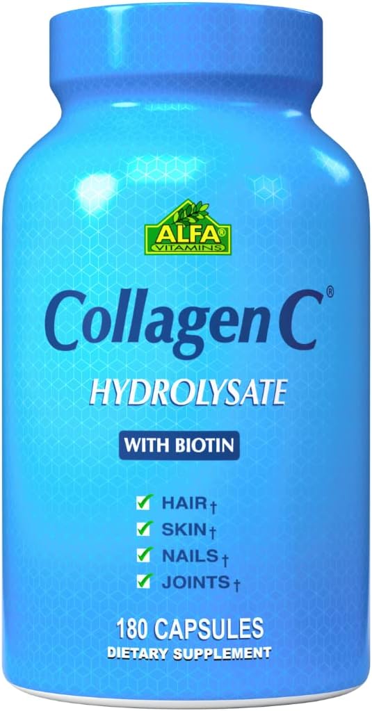 ALFA VITAMINS CollagenC Collagen Hydrolysate Capsules with Biotin - Anti-Aging Nutritional Supplement for Skin Nails &amp Hair Rejuvenation - Supports Bone &amp Muscle - Made in USA - 180 Capsules