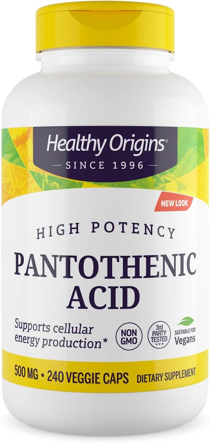 Healthy Origins Premium Vitamin B5 Pantothenic Acid 500 mg Vegan Capsules High Strength Energy Boost and Metabolism Support Tiredness &amp Fatigue Acne Supplement for Skin Care White 240 Count